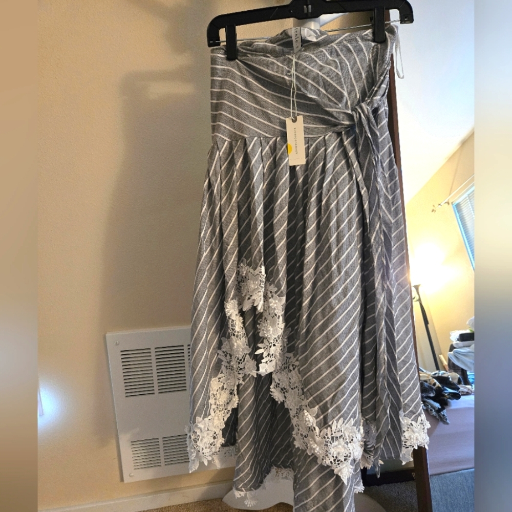 Anthropologie Gray and White Asymmetrical Wrap Maxi Skirt